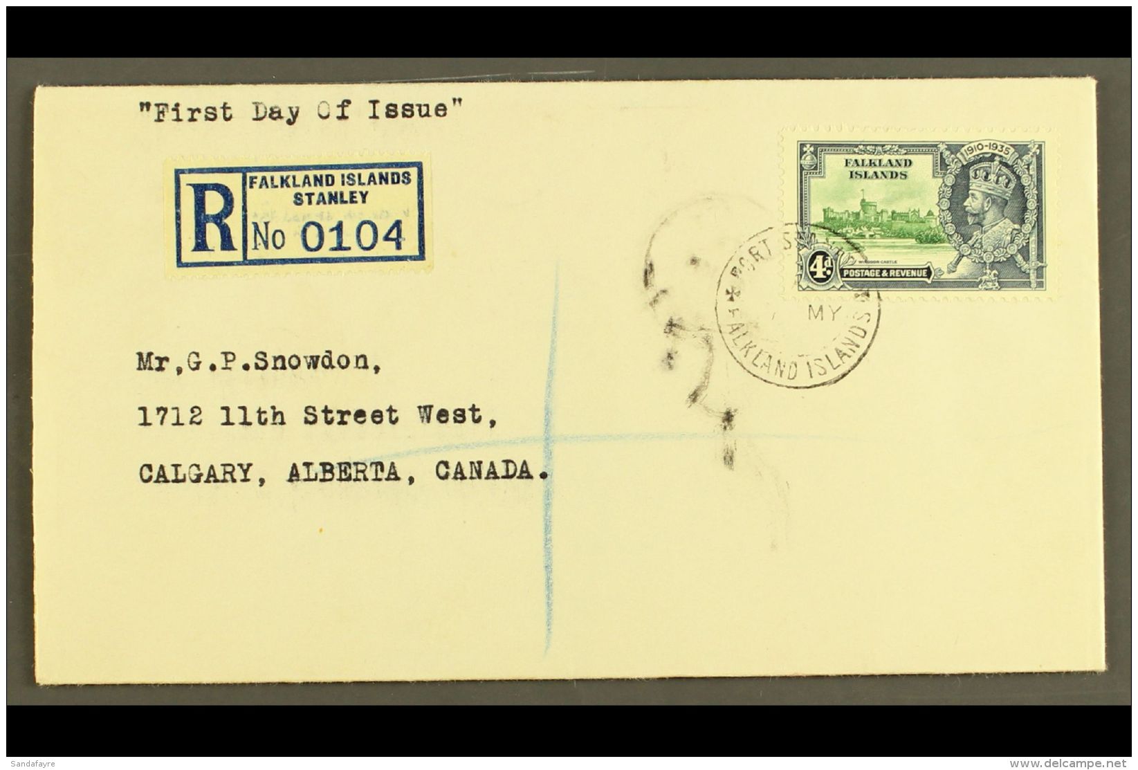 1935  4d Green And Indigo Silver Jubilee, SG 141, Fine Used On Registered First Day Cover To Canada, Tied By PORT... - Falkland Islands