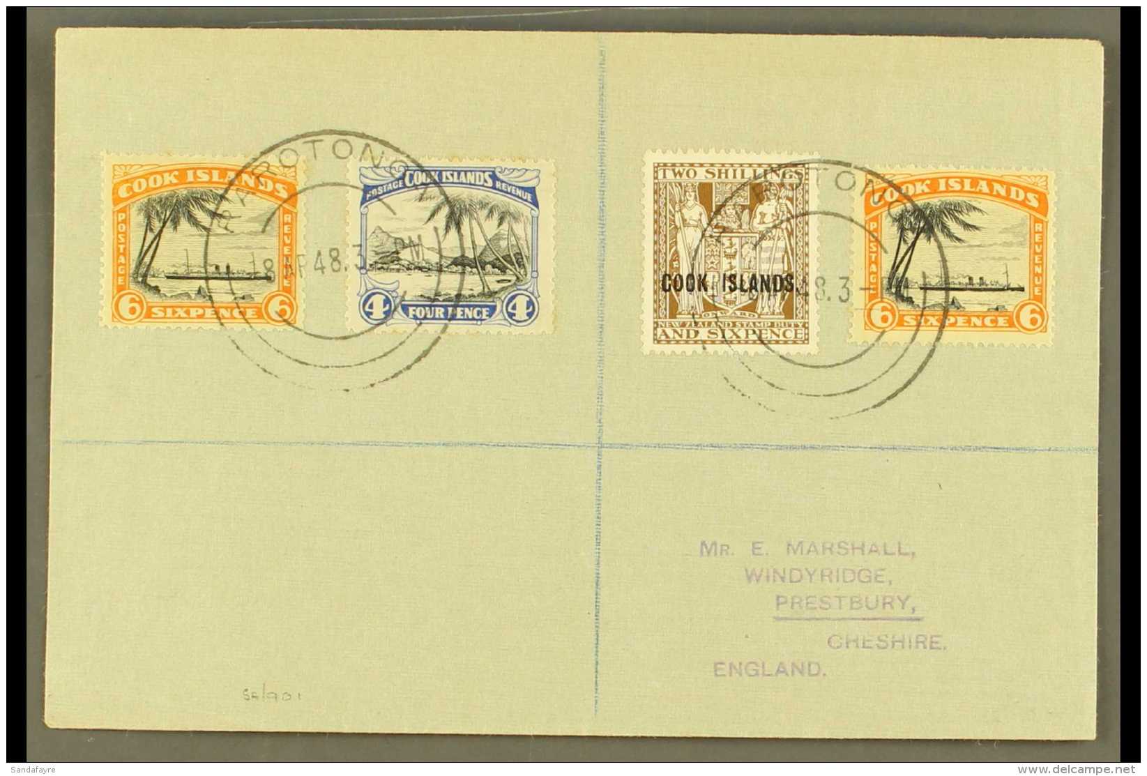 1948  (April) Neat Envelope To England, Bearing Pictorial 4d, And 6d (2), Postal Fiscal 2s 6d, All Tied By... - Cookinseln