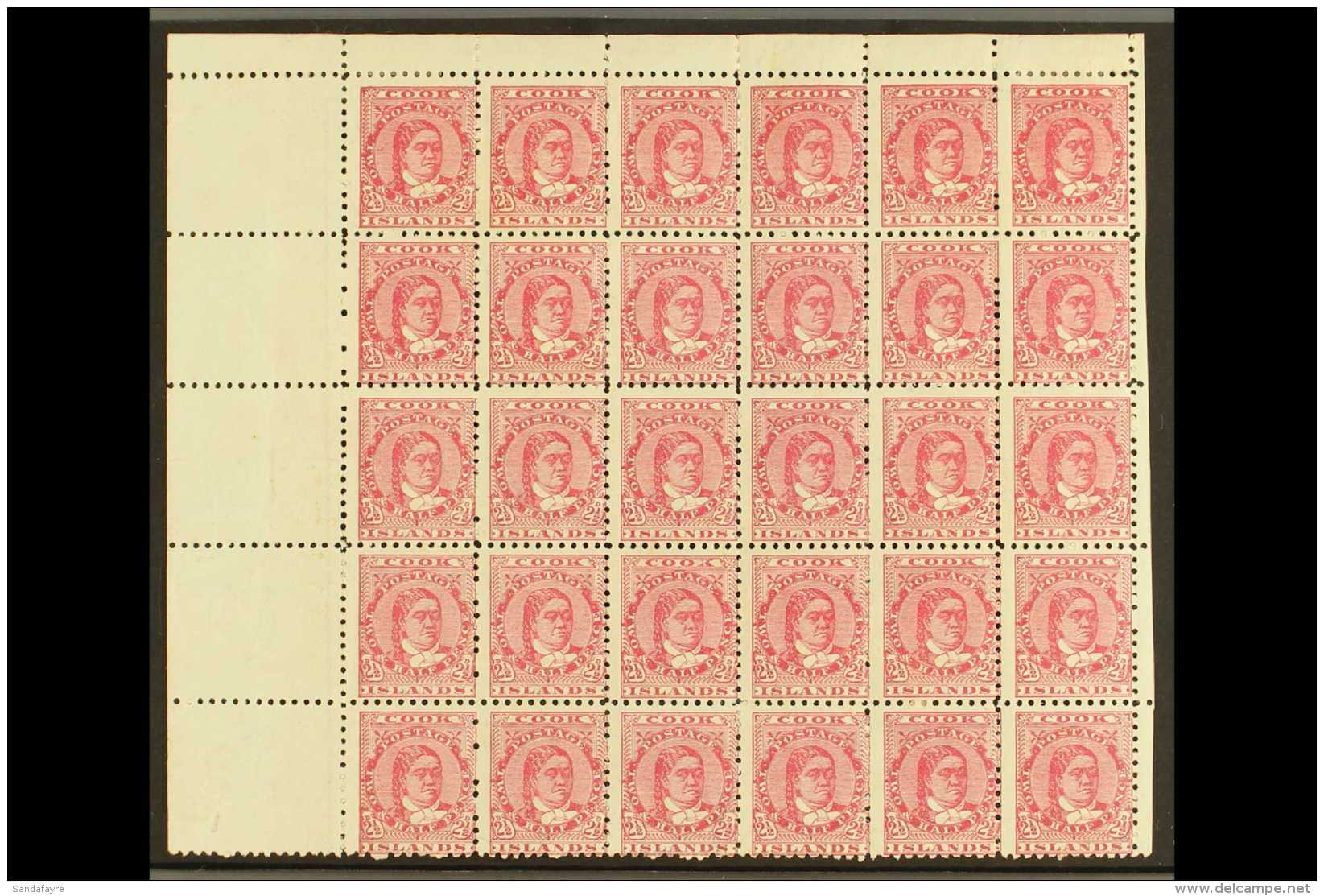 1893-1900  2&frac12;d Deep Rose Perf 11, SG 16a, Mint Complete HALF-SHEET Of 30 (6x5) With Margins To Three Side.... - Cook Islands