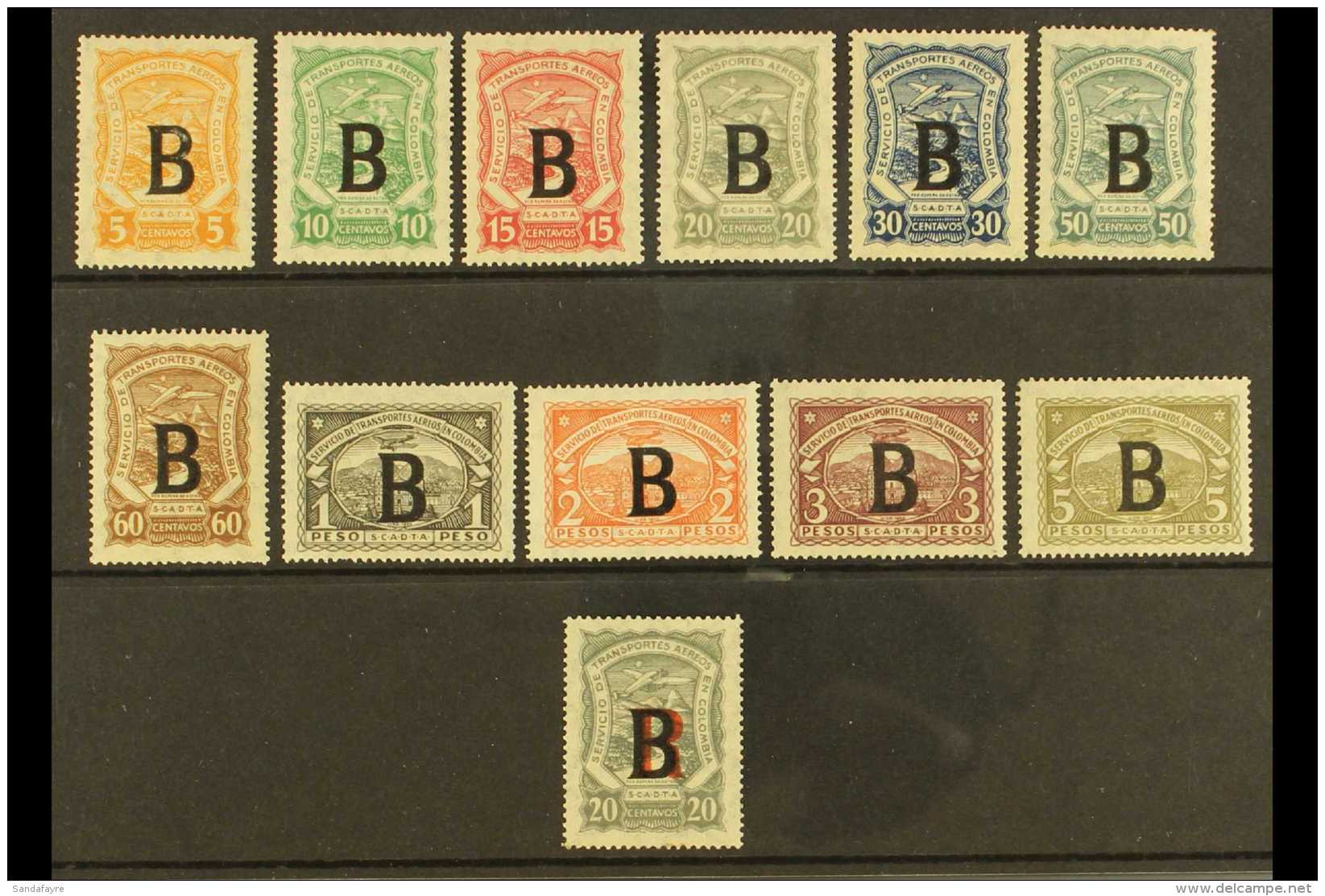 SCADTA  BELGIUM 1923 Complete Set With "B" Consular Overprints Inc 20c Registration Stamp With "R" 10mm High ... - Colombia