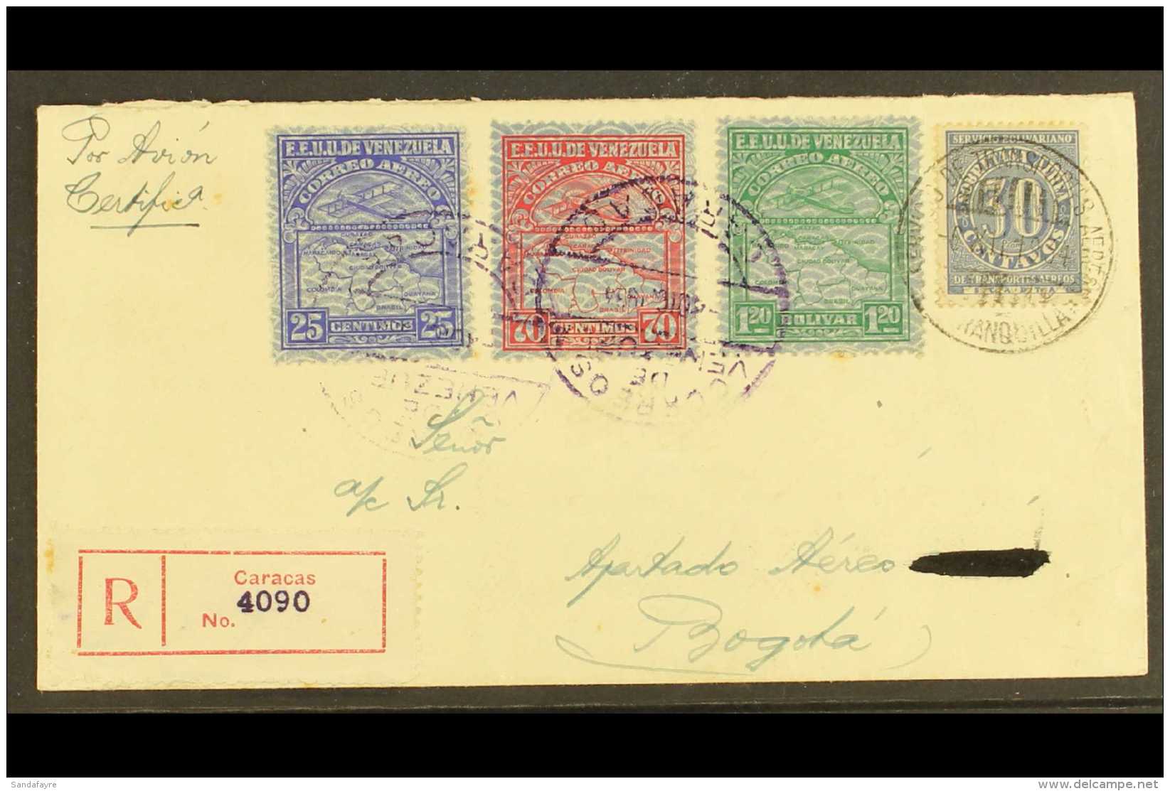SCADTA  1934 (Dec) Registered Cover From Venezuela Addressed To Bogota, Bearing Venezuela 25c, 70c &amp; 1.20b... - Colombia