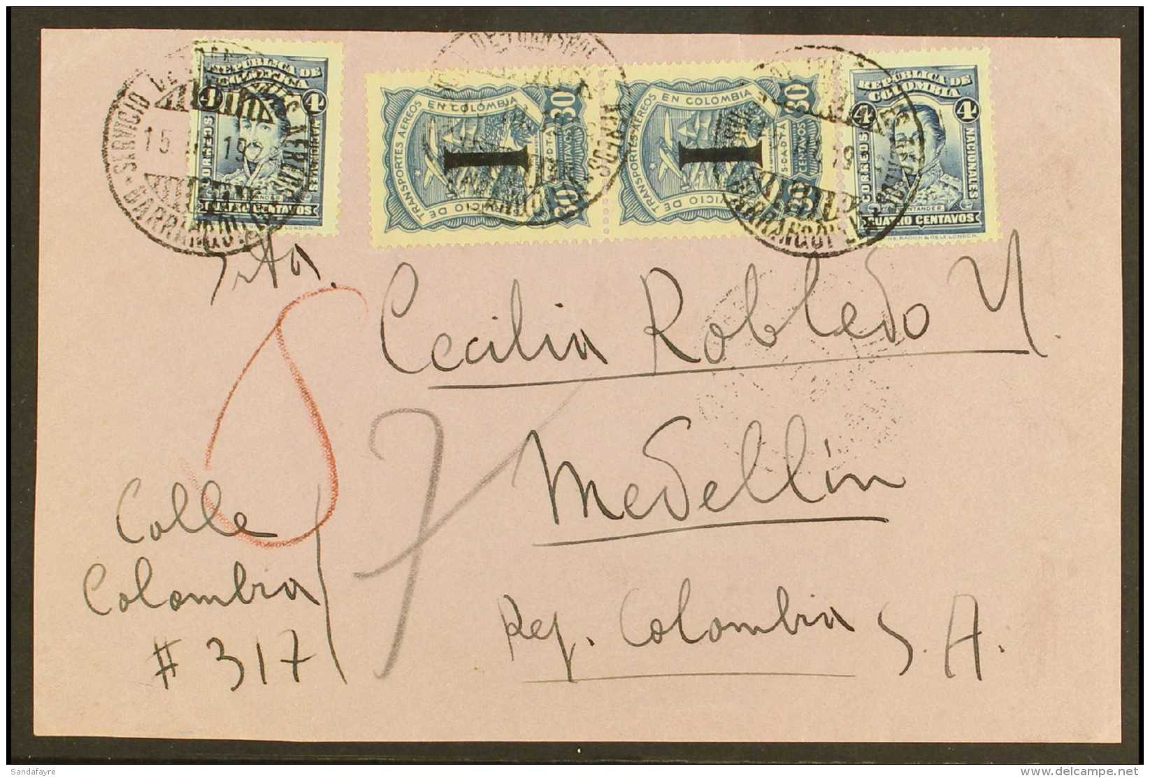 SCADTA  1929 Cover Front From Italy Addressed To Medellin, Bearing Colombia 4c (x2) And SCADTA 1923 30c Pair With... - Colombia