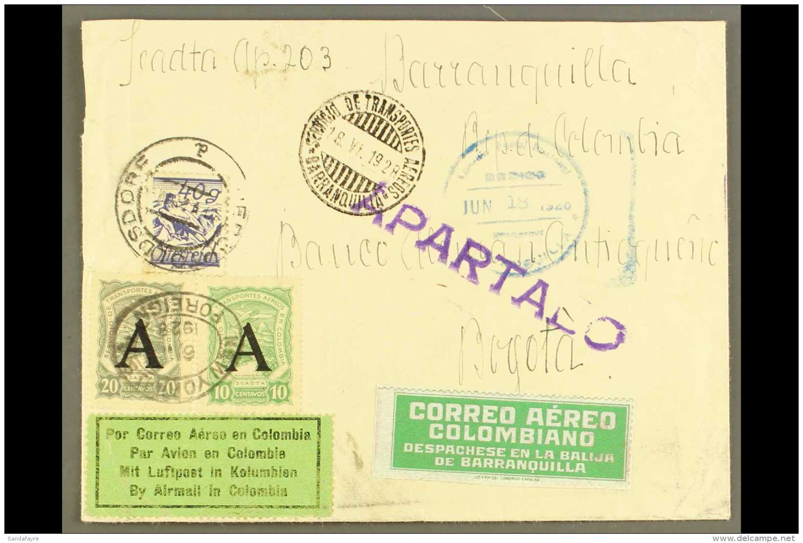 SCADTA  1928 (30 May) Cover From Austria Addressed To Bogota, Bearing Austria 40g Tied By "Bechtolsdorf" Cds And... - Colombia