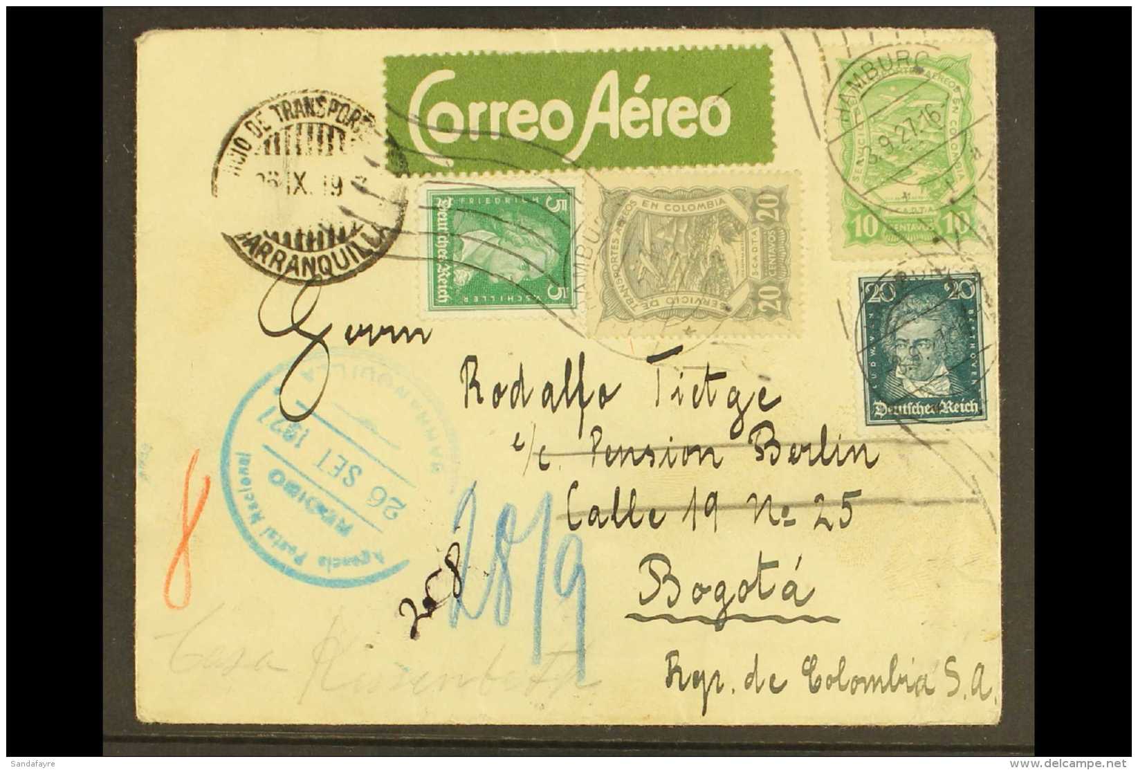 SCADTA  1927 (3 Sep) Airmail Cover From Germany Addressed To Bogota, Bearing Germany 5pf &amp; 20pf And SCADTA... - Colombia