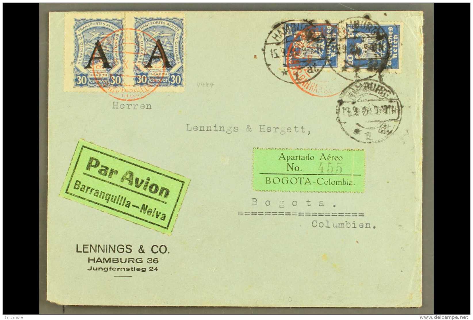 SCADTA  1925 (15 Sep) Cover From Germany Addressed To Bogota, Bearing Germany 20pf Pair Tied By "Hamburg" Cds's... - Kolumbien