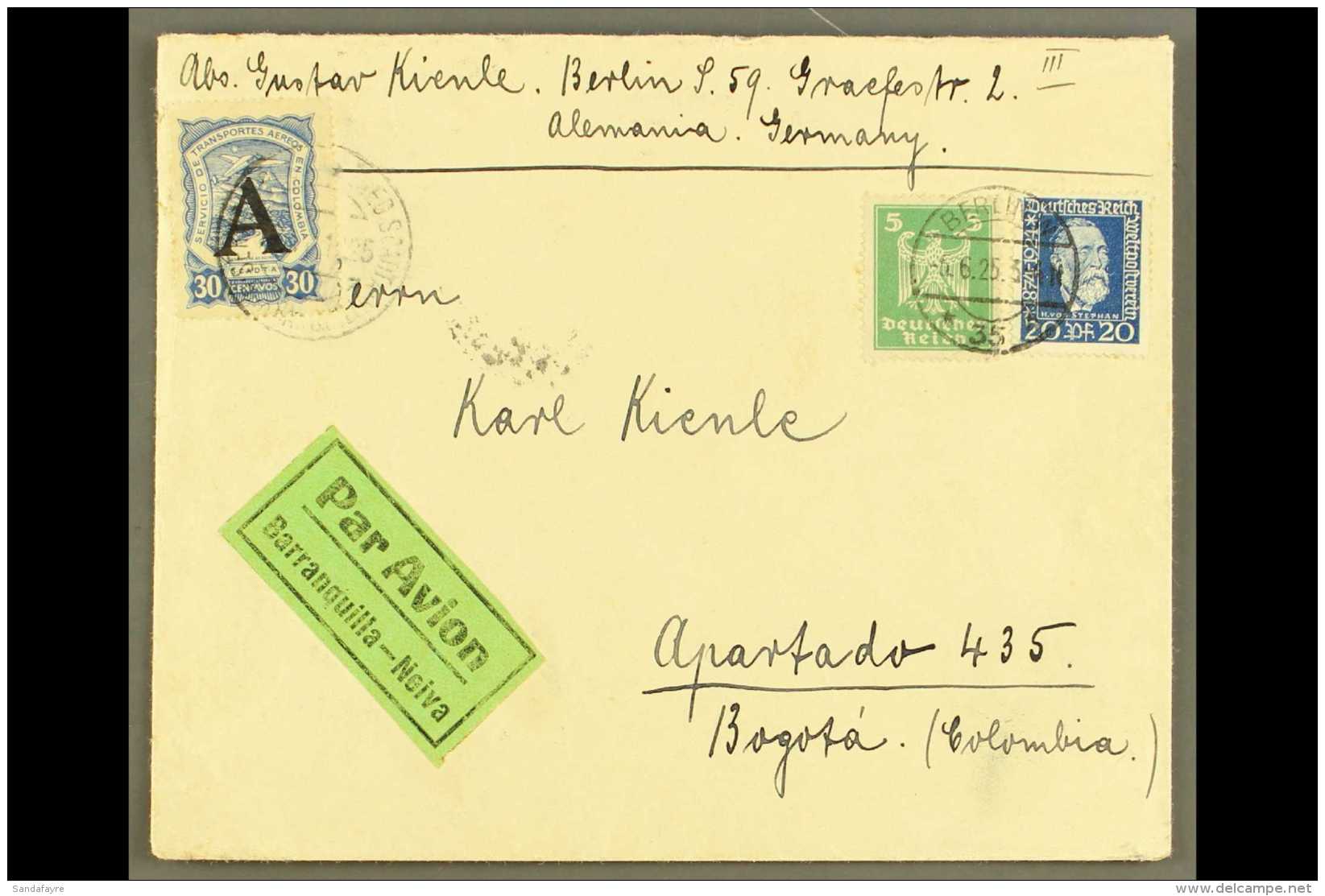 SCADTA  1925 (5 June) Cover From Germany Addressed To Bogota, Bearing Germany 5pf &amp; 20pf Tied By "Berlin" Cds... - Colombia