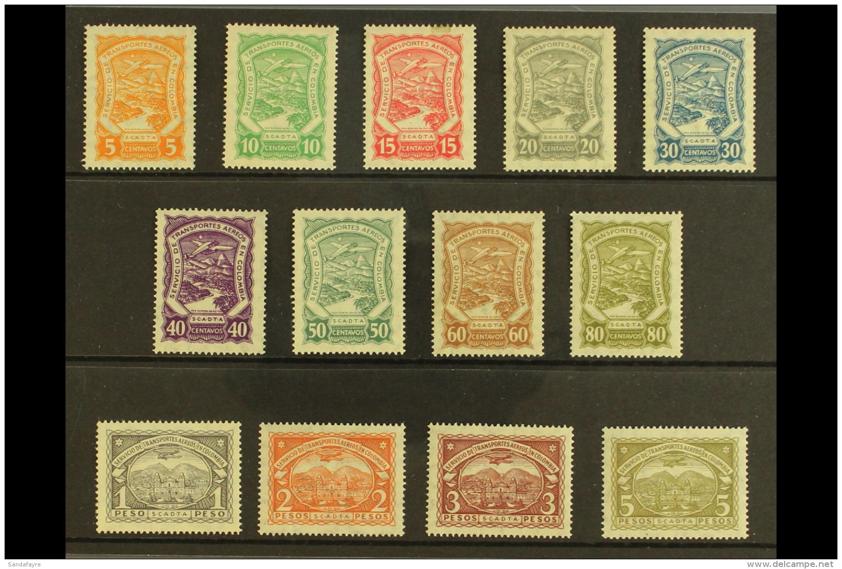SCADTA  1923-28 Complete Set, Scott C38/50 (SG 37/49, Michel 29/39 &amp; 43/44), Never Hinged Mint (15c With... - Colombia