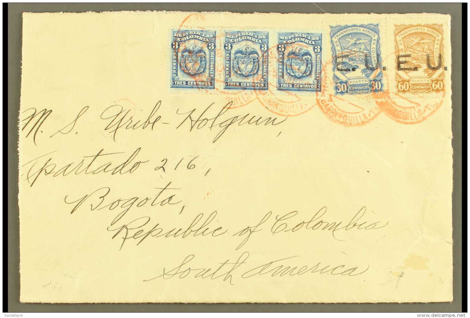 SCADTA  1923 (25 Nov) Cover From USA Addressed To Bogota, Bearing Colombia 3c (x3) And SCADTA 1923 30c &amp; 60c... - Colombia