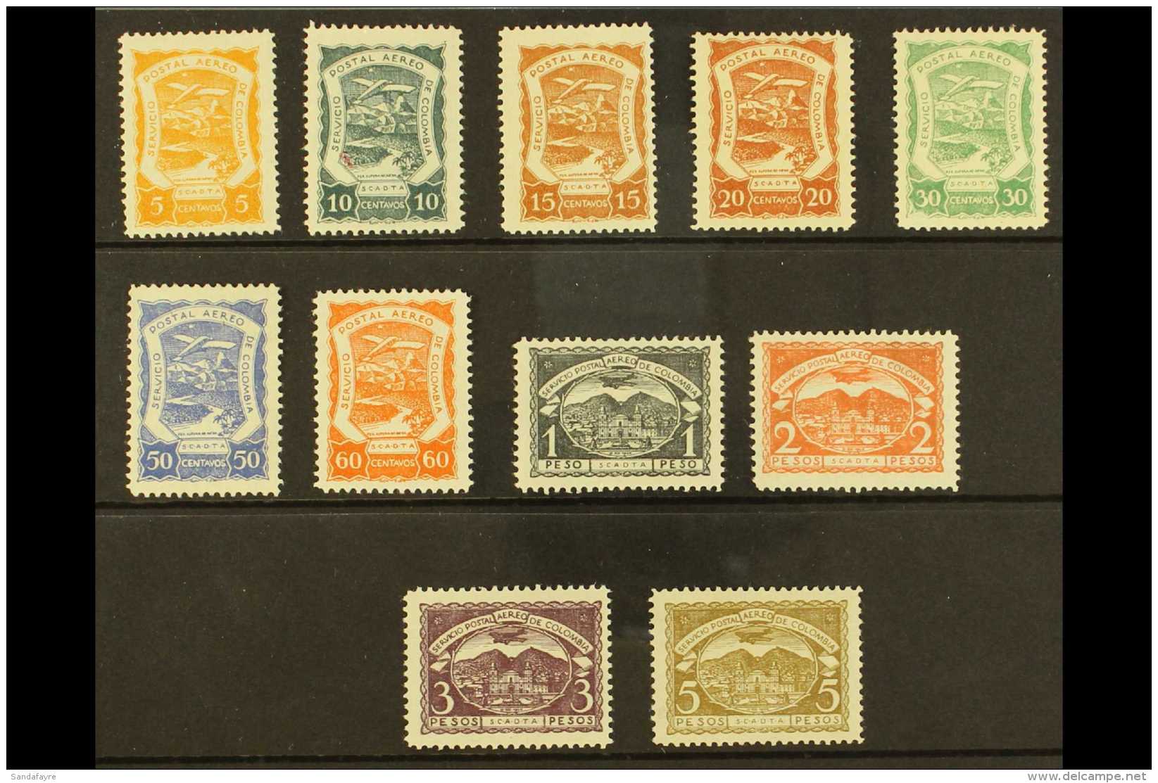 SCADTA  1921-23 Complete Set (Scott C25/35, SG 18/28, Michel 10/20), Fine Mint, 2p Spots &amp; Disturbances On... - Colombia