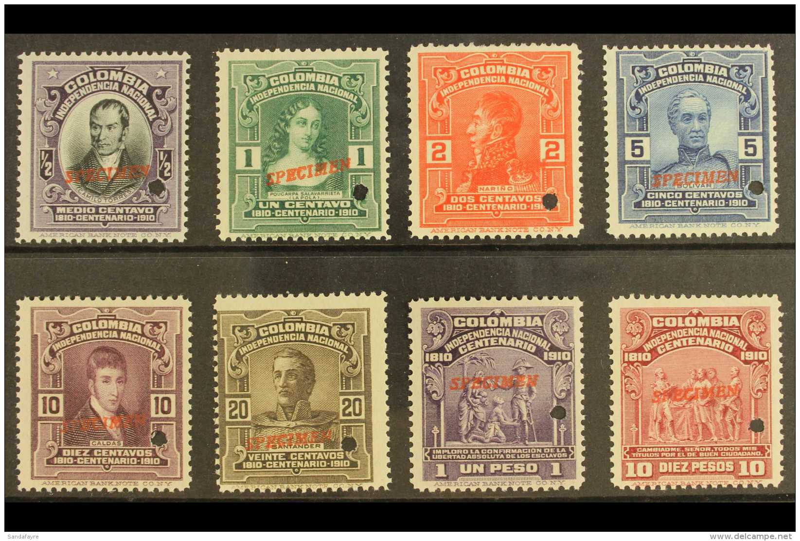 1910  Centenary Of Independence Complete Set With "SPECIMEN" Overprints (SG 345/52, Scott 331/38), Fine Never... - Colombia