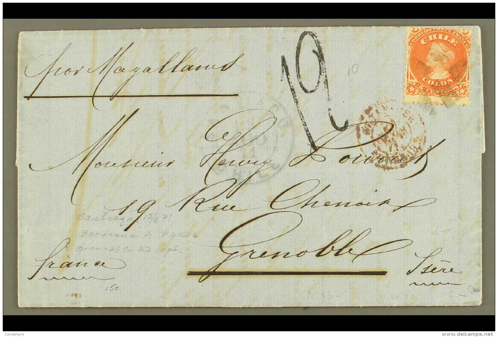 1871  (Aug) Entire Letter Addressed To Grenoble, France, Bearing 1867 5c Stamp (Scott 17, SG 45) Tied By Cork... - Chile