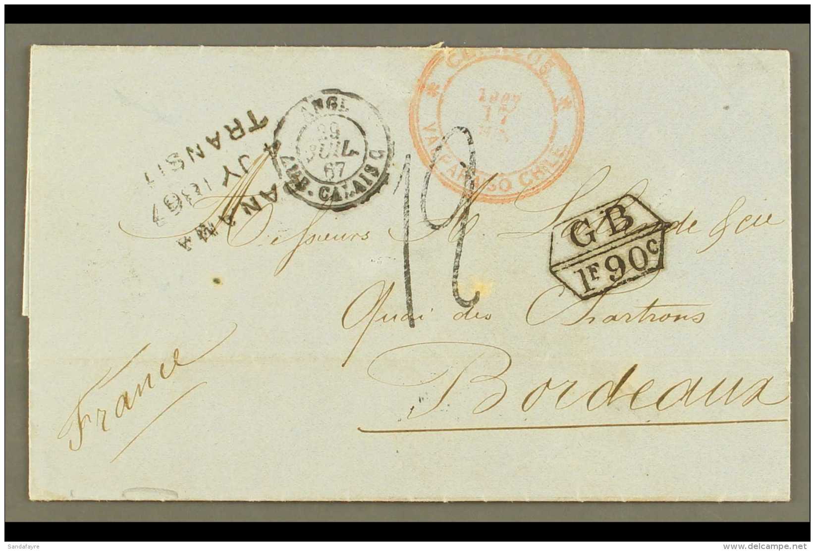 1867  (June) Stampless Entire Letter To France, Bearing "Correos Valparaiso Chile" Large Red Cds, Three-lines... - Chile