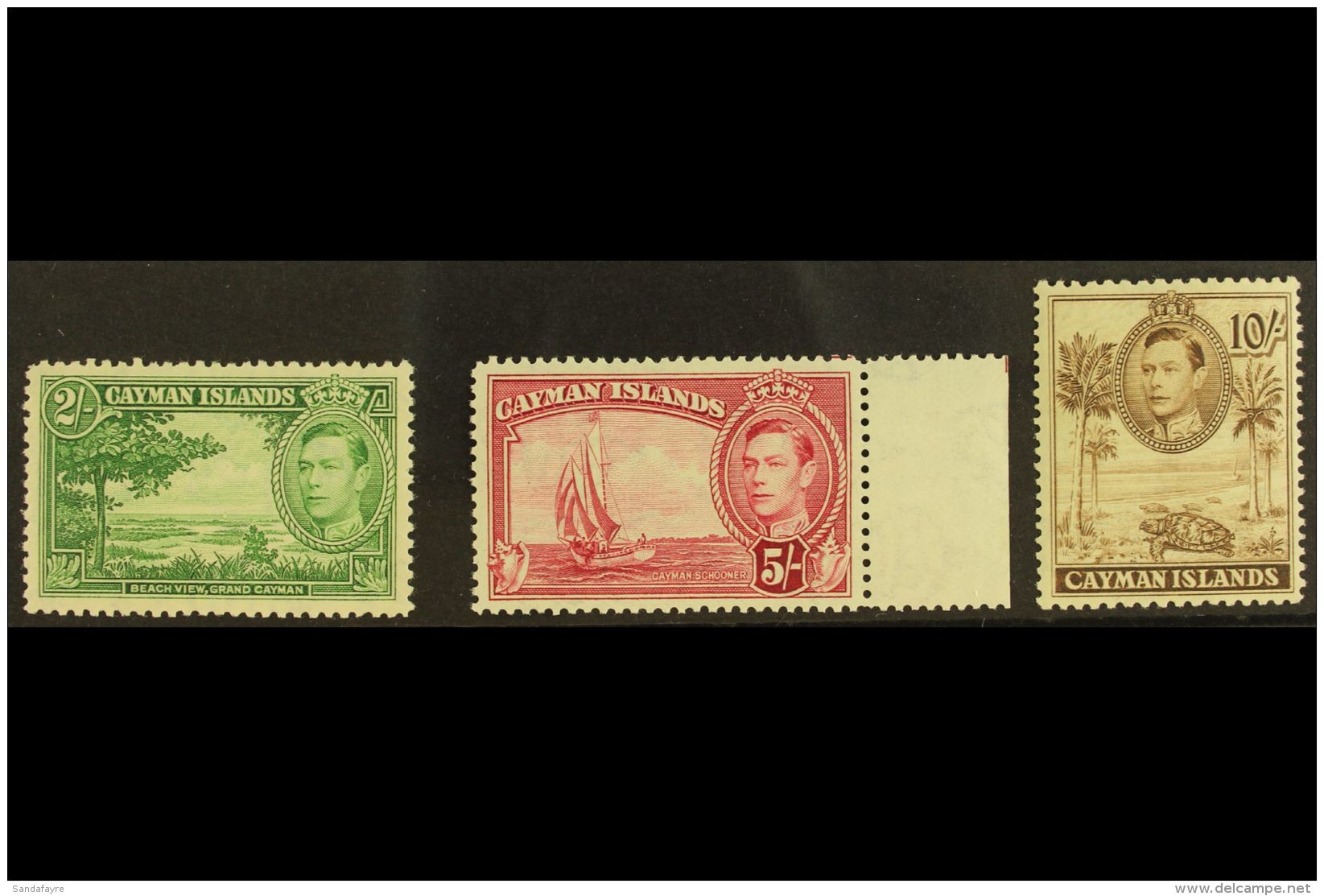 1938-48  2s Yellow-green, 5s Carmine-lake &amp; 10s Chocolate (perf 11&frac12;x13) Pictorials Top Values, SG 124,... - Cayman Islands
