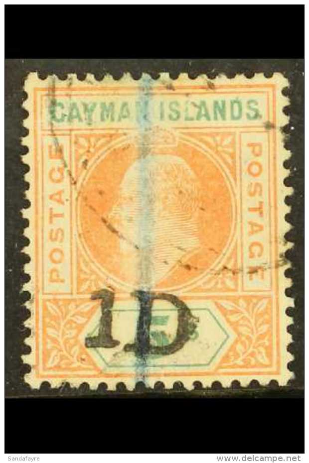 1907  1d On 5s Salmon &amp; Green Surcharge, SG 19, Cds Used, Vertical Blue Crayon Line, Full Perfs, Cat... - Cayman Islands