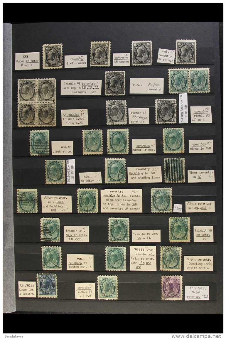 1897-98 "MAPLE LEAF" &amp; "NUMERAL" RE-ENTRIES COLLECTION.  Small Collection Of Used Stamps Each With A Re-entry... - Sonstige & Ohne Zuordnung