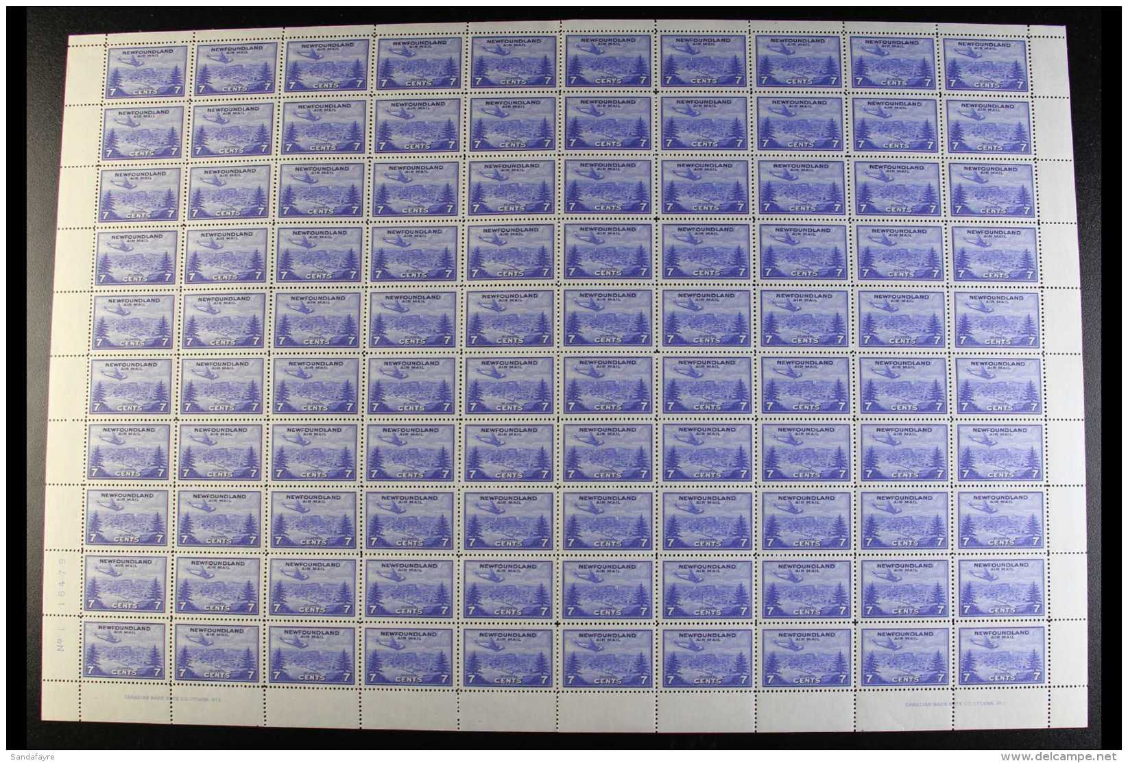 1943 COMPLETE SHEET  7c Ultramarine "St Johns" Air Post, SG 291, Never Hinged Mint Complete Of 100 Stamps (10 X... - Other & Unclassified