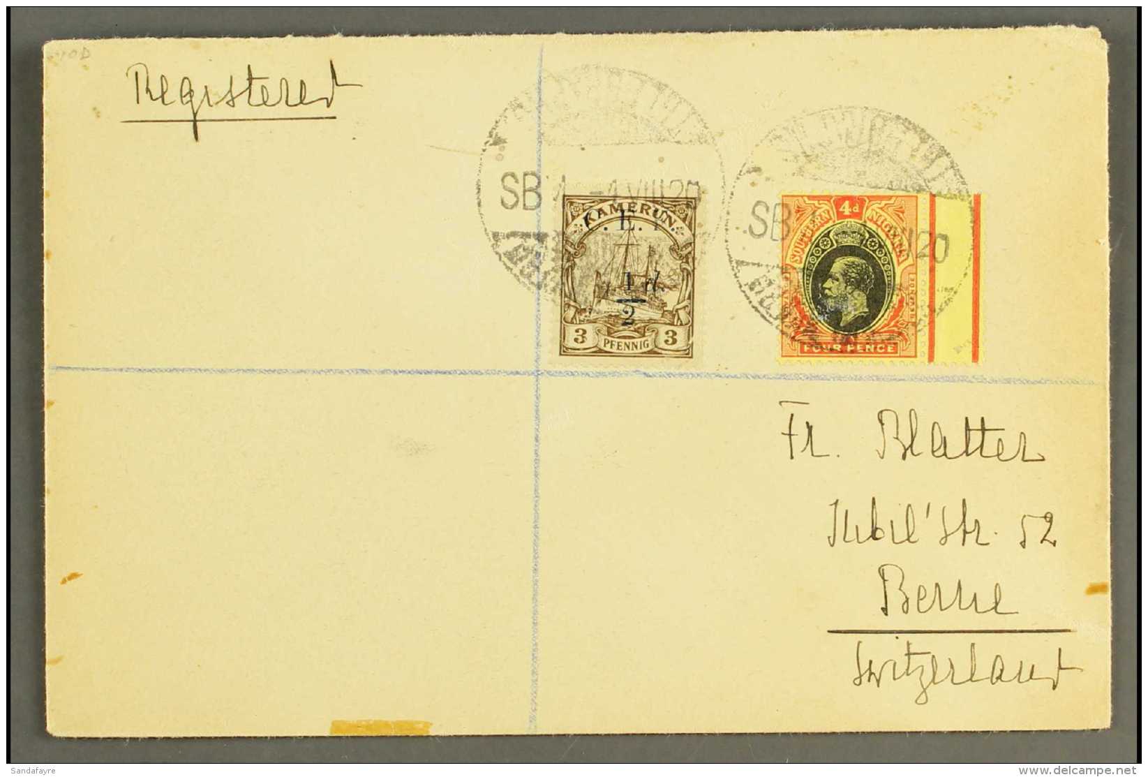 1920  (4 Aug) Env Registered To Switzerland Bearing Cameroon Exped. Force 1915 &frac12;d On 3pf Brown And... - Other & Unclassified