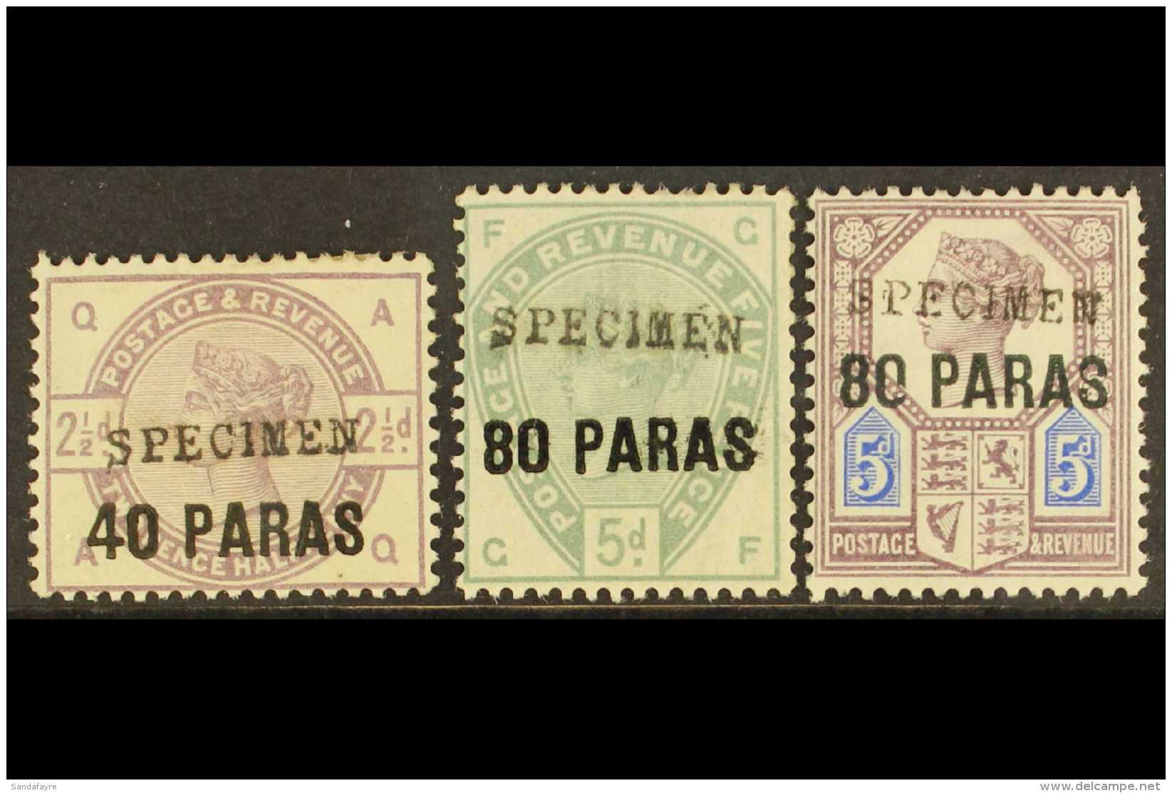 1885-1890 "SPECIMEN" OVERPRINTS  1885 40pa On 2&frac12;d Lilac And 80pa On 5d Green, Plus 1890 80pa On 5d Purple... - British Levant