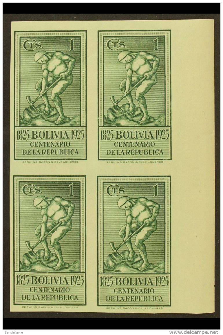 1925  1c Dark Green, Centenary Of The Republic, IMPERFORATE BLOCK OF 4, Scott 150, Never Hinged Mint. For More... - Bolivia