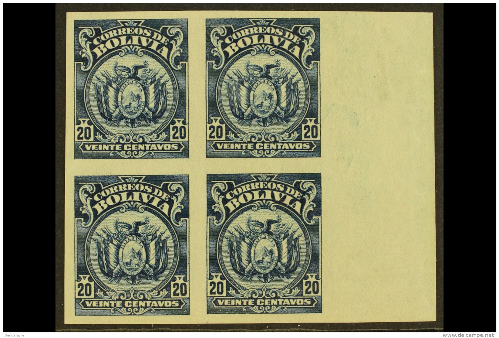 1923-7  20c Slate-blue, Coat Of Arms, IMPERFORATE BLOCK OF 4, Scott 132, Fine Unused. For More Images, Please... - Bolivia