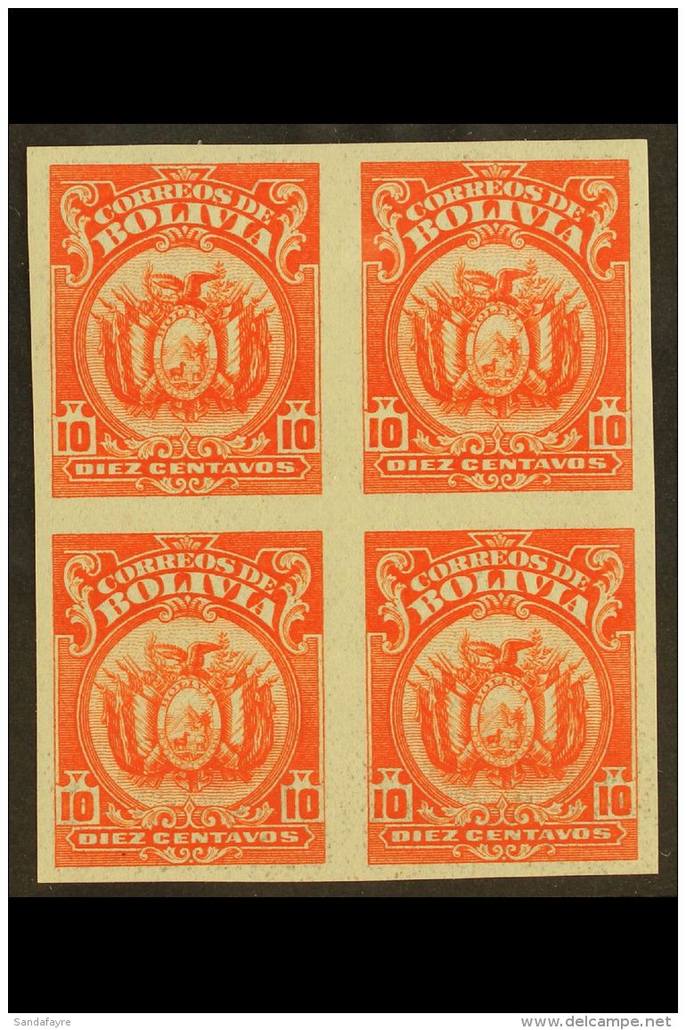 1923-7  10c Vermilion, Coat Of Arms, IMPERFORATE BLOCK OF 4, Scott 131, Never Hinged Mint. For More Images,... - Bolivia