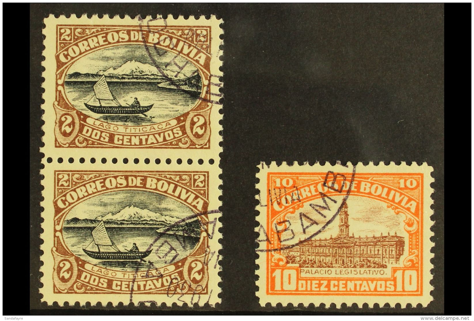 1916-17 PERFORATED COLOUR PROOFS.  2c Brown &amp; Black Lake Titicaca Vertical Pair (Scott 113) And 10c Brown... - Bolivia