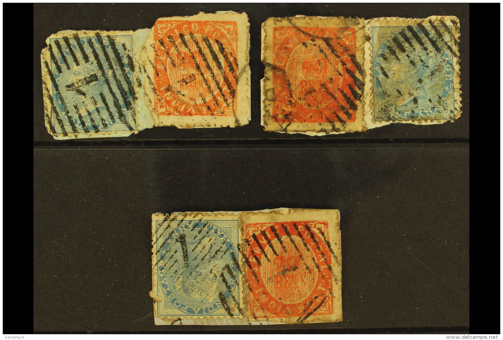 PORTUGUESE INDIA  1870's 20r Vermilion Group Of Three, Each Tied On Small Piece In Conjunction With India QV... - Other & Unclassified