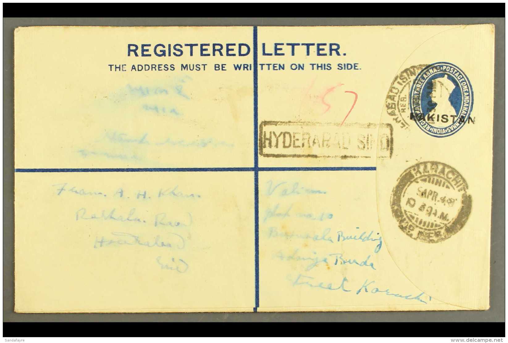 1948  (8 Apr) 4&frac12;a Registered Stationery Envelope With "PAKISTAN" Nasik Overprint (26&frac14; X 3mm), On... - Pakistan