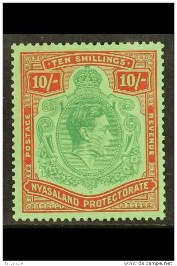 1938  10s Emerald And Deep Red On Pale Green, SG 142, Never Hinged Mint, Usual Brown Gum. For More Images, Please... - Nyasaland (1907-1953)