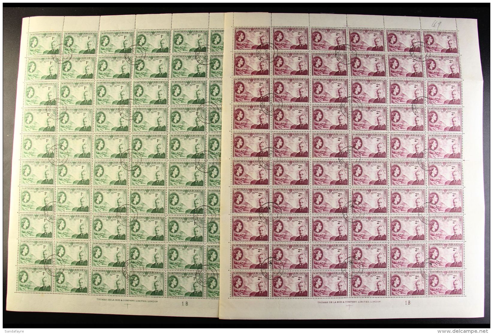 1953  1d Green &amp; 2d Mauve Rhodes Centenary In COMPLETE SHEETS OF 60, SG 55/6, Fine Used, Cancelled To Order,... - Nordrhodesien (...-1963)