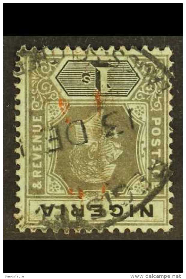 1914-29  1s Black/blue-green (pale Olive Back) With WATERMARK INVERTED, SG 8dw, Used With Dated Registered Oval... - Nigeria (...-1960)