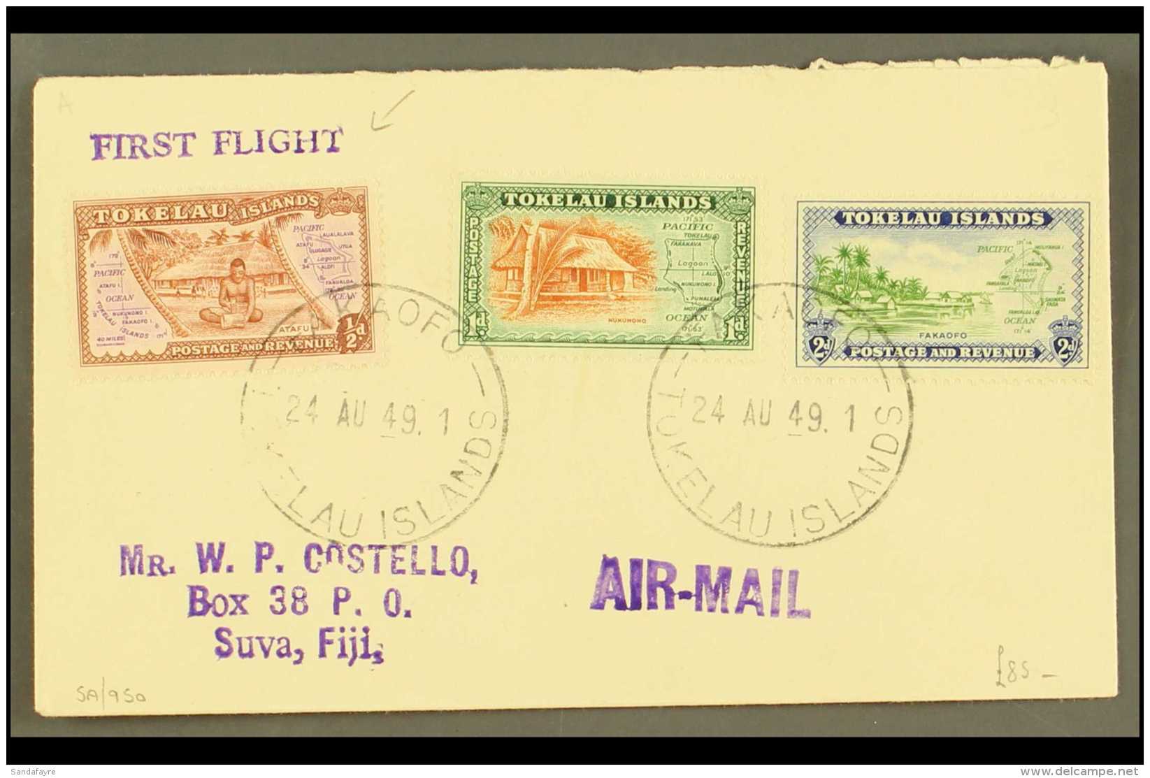 TOKELAU  1949 (Aug) Neat Envelope Bearing 1948 Pictorial Set, SG 1/3, Tied By Fakaofo Cds's, And Violet "First... - Other & Unclassified