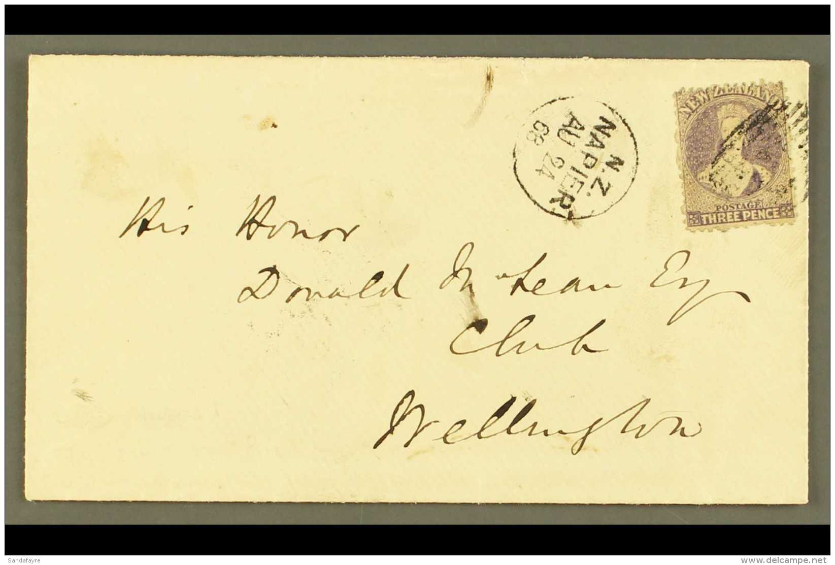 1868  (24 Aug) Env From Napier To Wellington Bearing 1864-71 3d Deep Mauve, SG 118, Tied By Barred Cancel, Very... - Sonstige & Ohne Zuordnung