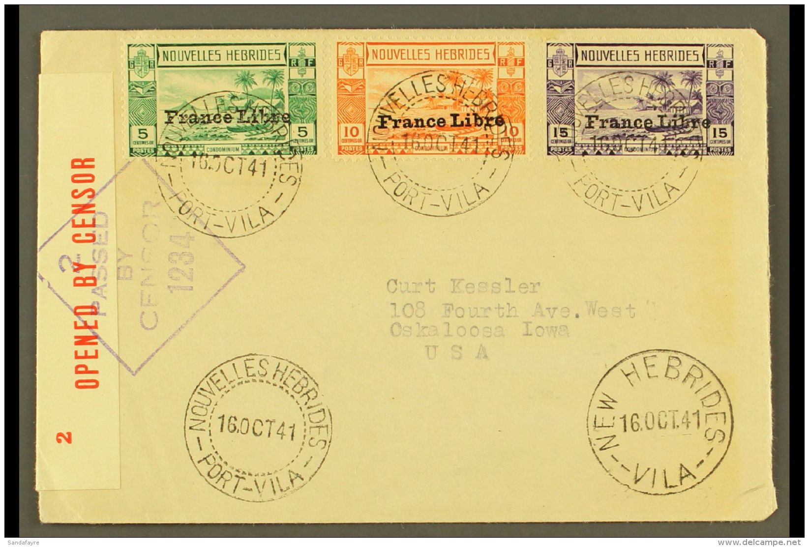 FRENCH  1941 (16 June) Censored Cover (home-made Re-used Envelope) To USA Bearing 1941 5c, 10c &amp; 15c "France... - Other & Unclassified