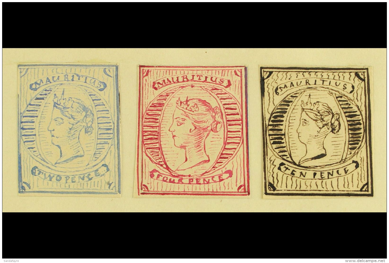 1861 HAND PAINTED STAMPS  Unique Miniature Artworks Created By A French "Timbrophile" In 1861. Three Stamps With... - Mauritius (...-1967)