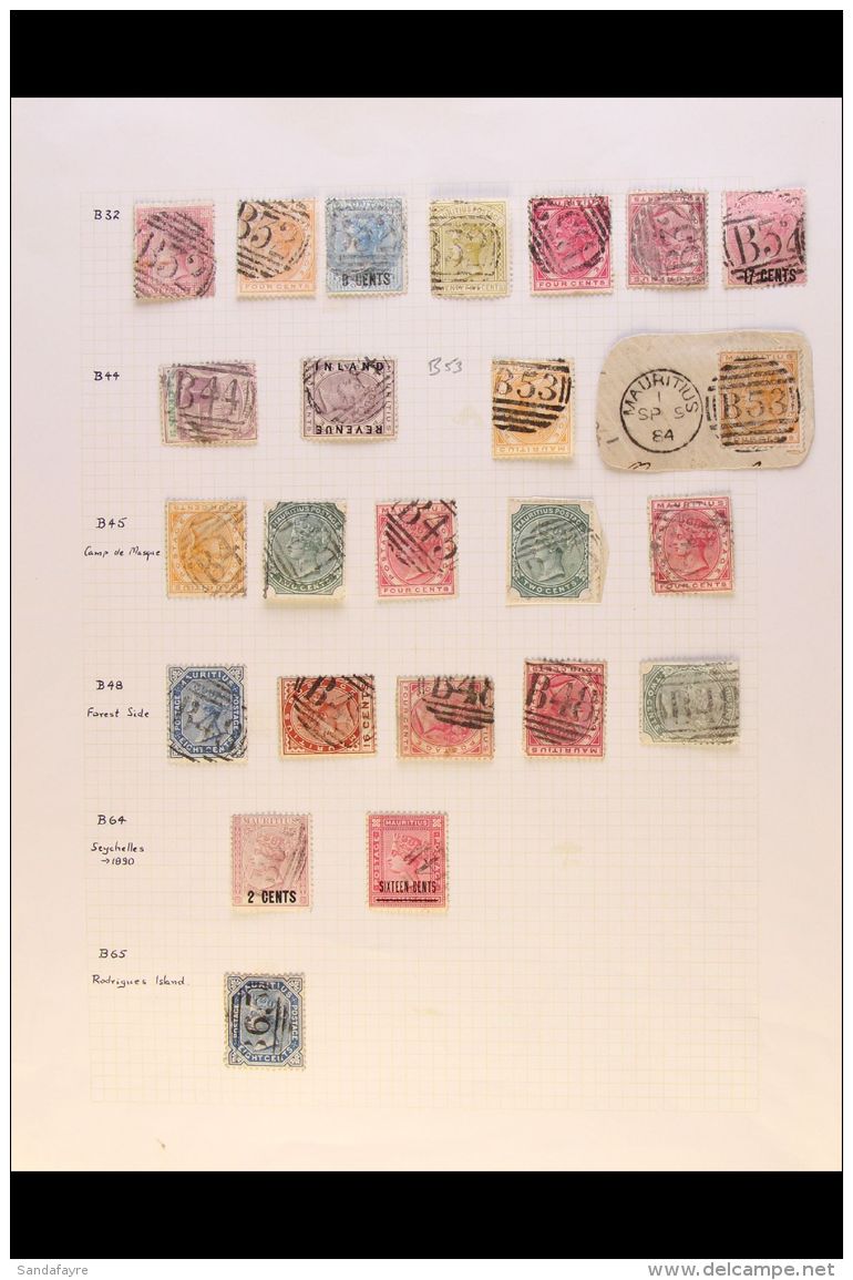 "B" NUMERAL POSTMARKS  Collection On A Range Of QV Stamps, Barred Numeral Cancels Preceded By "B", Between "B32"... - Mauritius (...-1967)