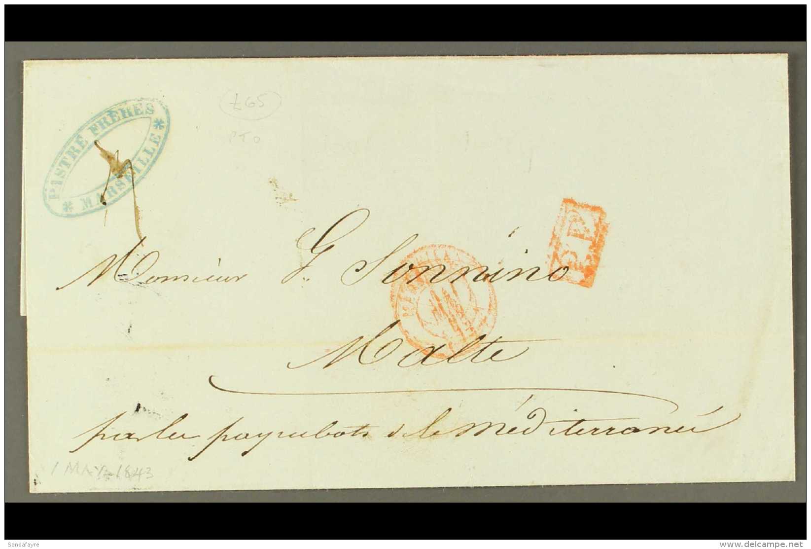 1847  Paid Wrapper From Marseilles To Malta Bearing Red Marseille Cds Plus Boxed 'P.P.'; On Reverse Straight-line... - Malta (...-1964)