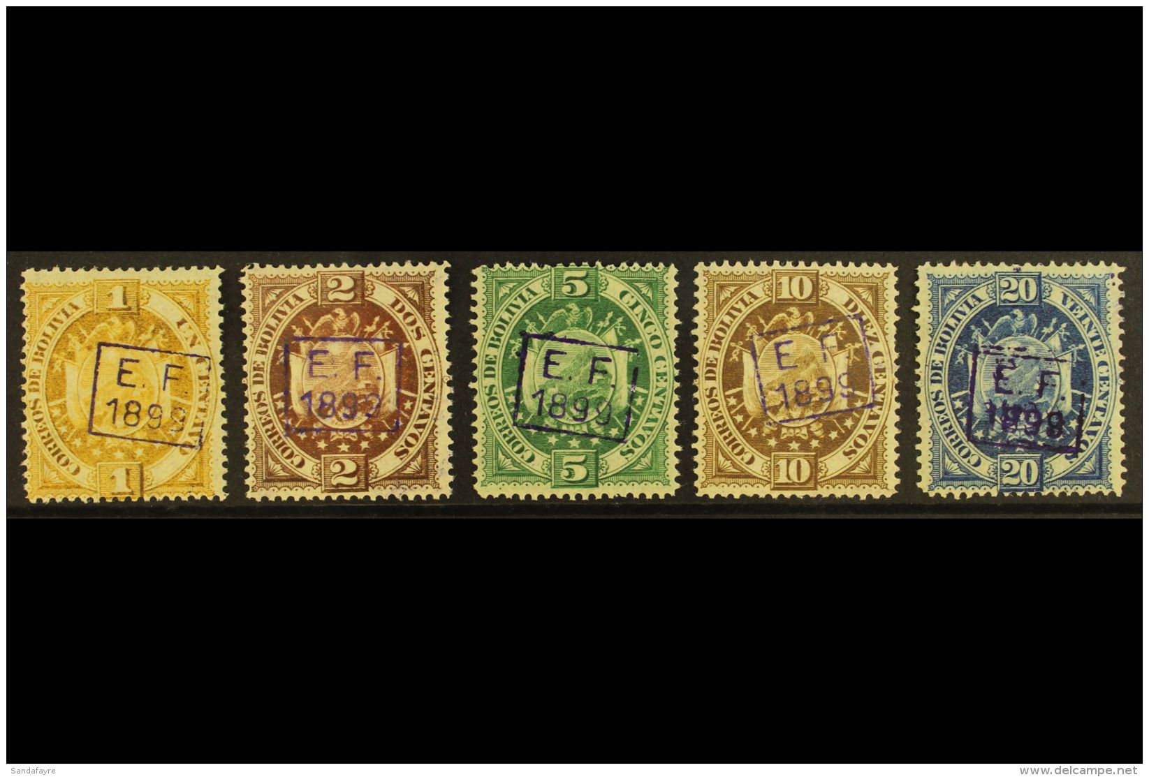 1899  Boxed "E.F. 1899" Overprints, Complete Set, Scott 55/9, Fine Mint (5). For More Images, Please Visit... - Bolivien