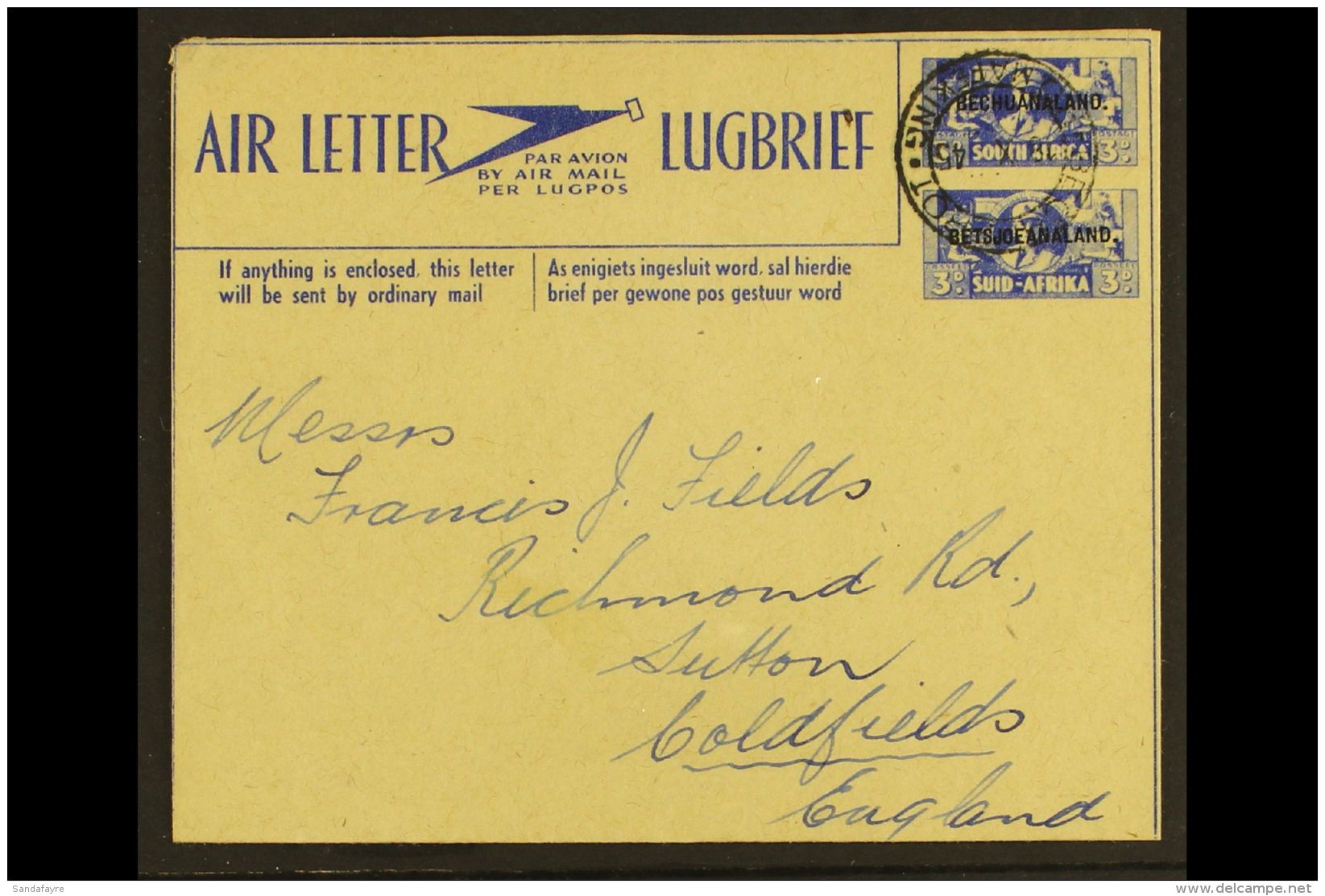 1944  3d+3d Blue On Buff War Effort Postal Stationery Air Letter With Bilingual Overprint, H&amp;G 1, Fine Used... - Sonstige & Ohne Zuordnung