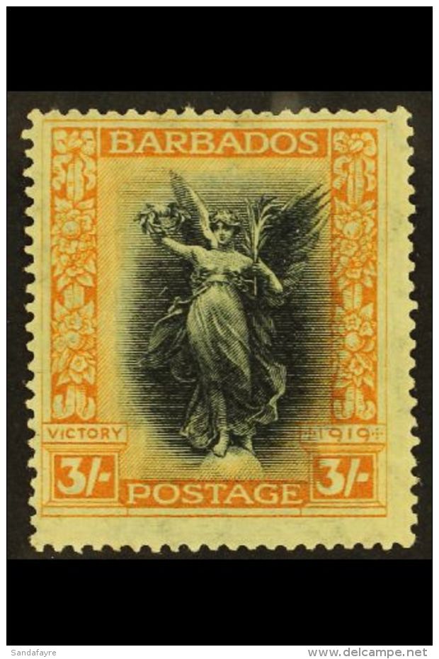 1920-21  3s Black And Dull Orange Victory With WATERMARK SIDEWAYS INVERTED AND REVERSED, SG 211y, Mint Lightly... - Barbados (...-1966)