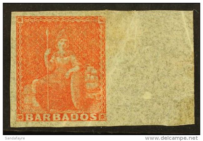 1861-70  (4d) Dull Vermilion IMPERF Marginal Single, SG 28a, 4 Clear Margins Including Full Sheet, Light Diagonal... - Barbades (...-1966)
