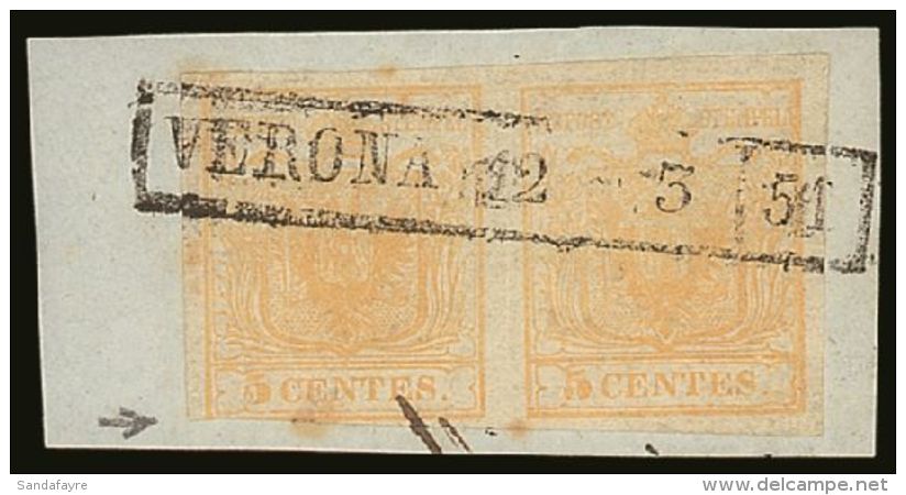 LOMBARDY VENETIA  1850 5c Yellow (first Printing) Mi 1Xc, Pair (one Just Cut Into At Foot), Tied To Piece By Full... - Sonstige & Ohne Zuordnung