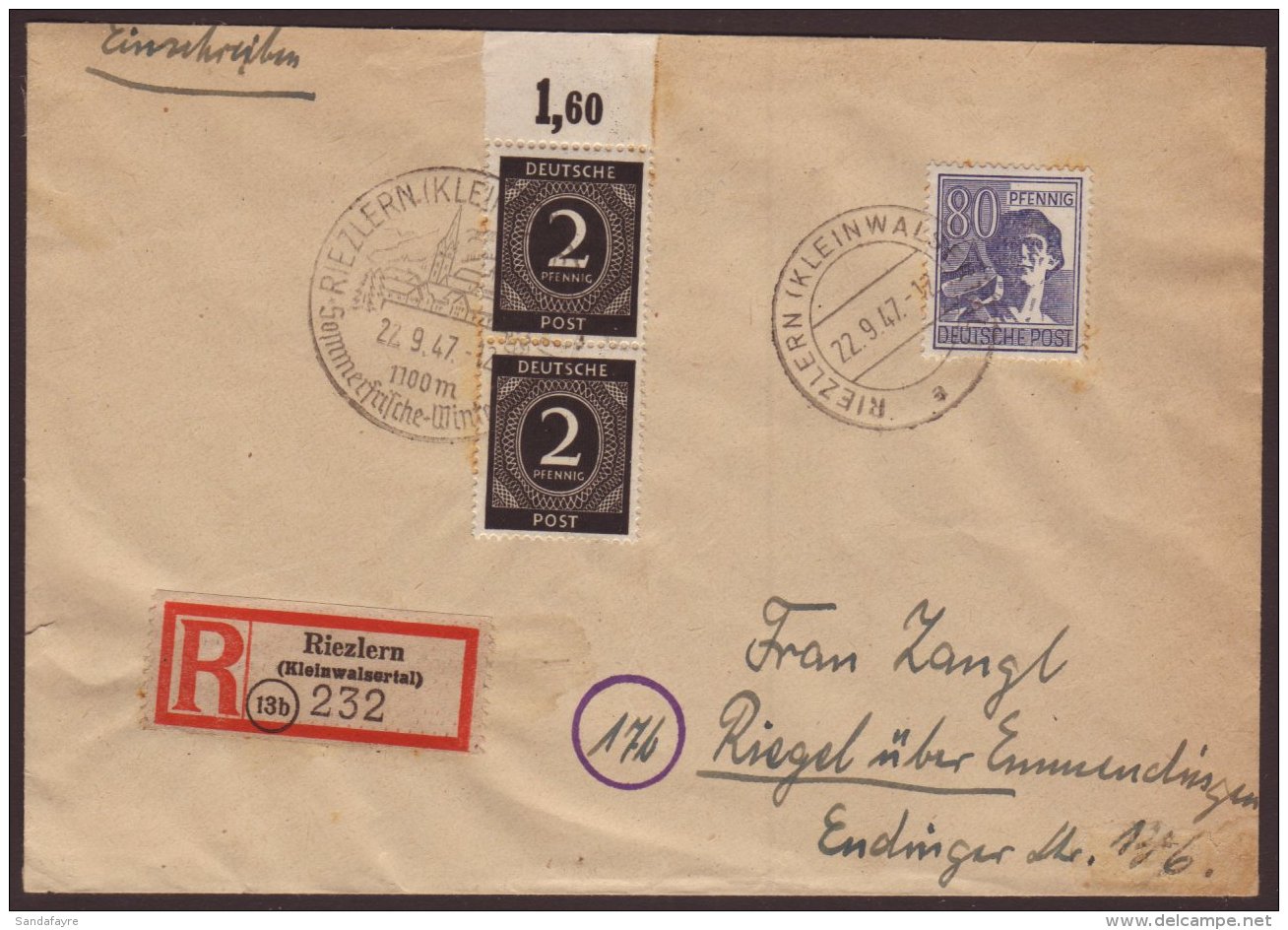 KLEINWALSERTAL ENCLAVE.  1947 (22 Sept) Registered Cover Addressed To Riegel (Germany), Bearing Germany Allied... - Other & Unclassified