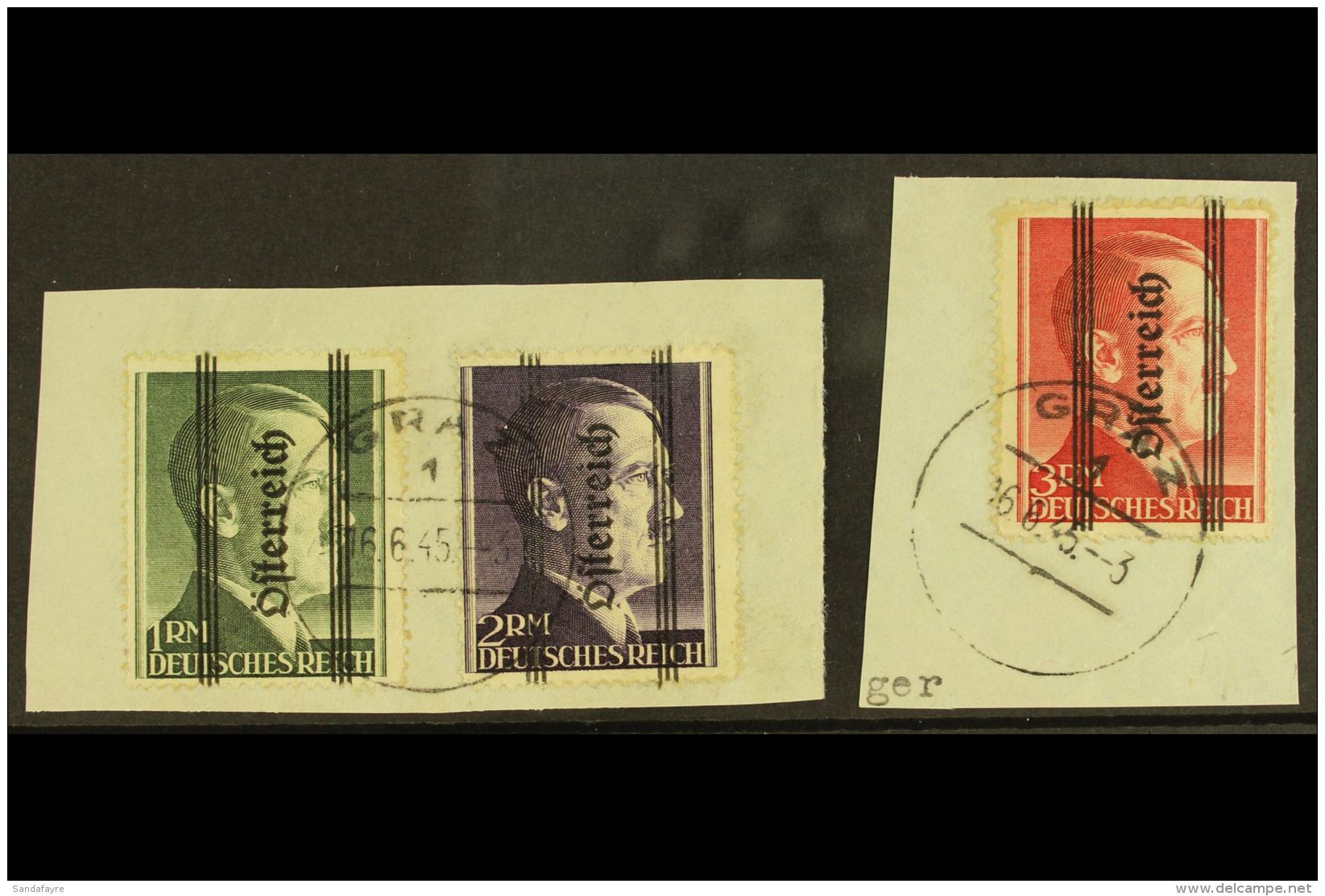 1945 GRAZ LOCAL ISSUES.  1m Green Perf 14, 2m Violet &amp; 3m Brown-red Perf 12&frac12; With Vertical... - Other & Unclassified