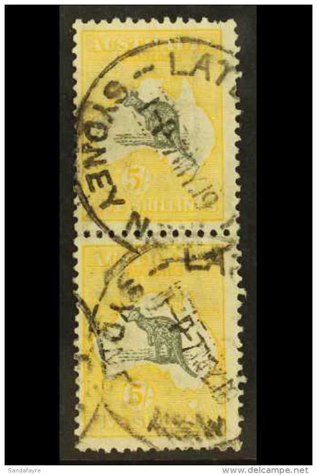 1915-27  5s Grey And Yellow, SG 42, Used Vertical Pair, Some Minor Faults, But With Clear Readable Postmarks (2... - Other & Unclassified