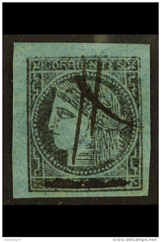 CORRIENTES  1860 (3c) Black On Blue With Pen Stroke Through "Un Real" (SG P57, Scott 2), Fine Used With Pen... - Sonstige & Ohne Zuordnung
