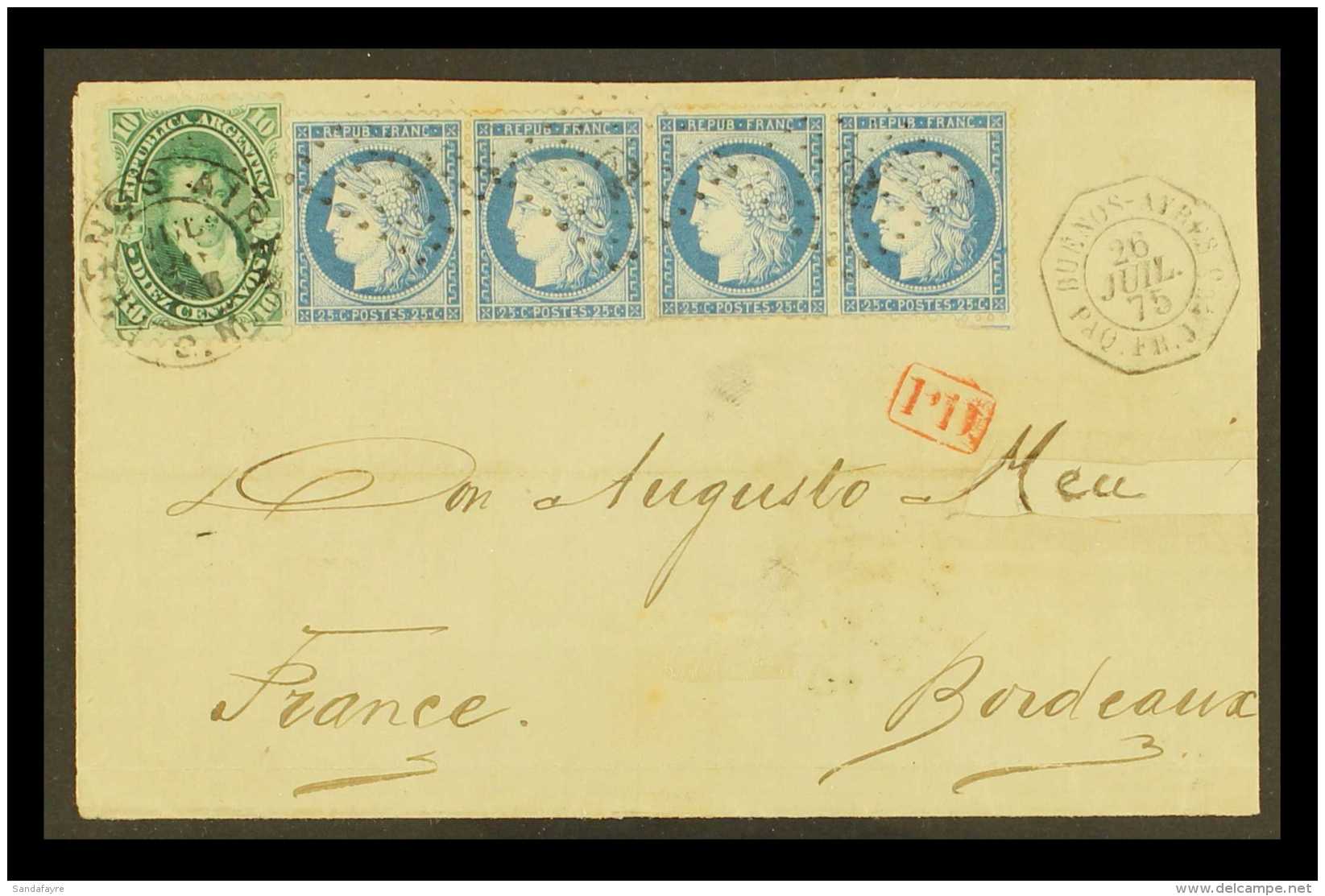 1875 MIXED FRANKING OF ARGENTINA AND FRANCE.  1875 (26 July) Wrapper With Modified Flaps &amp; Partially Repaired... - Other & Unclassified