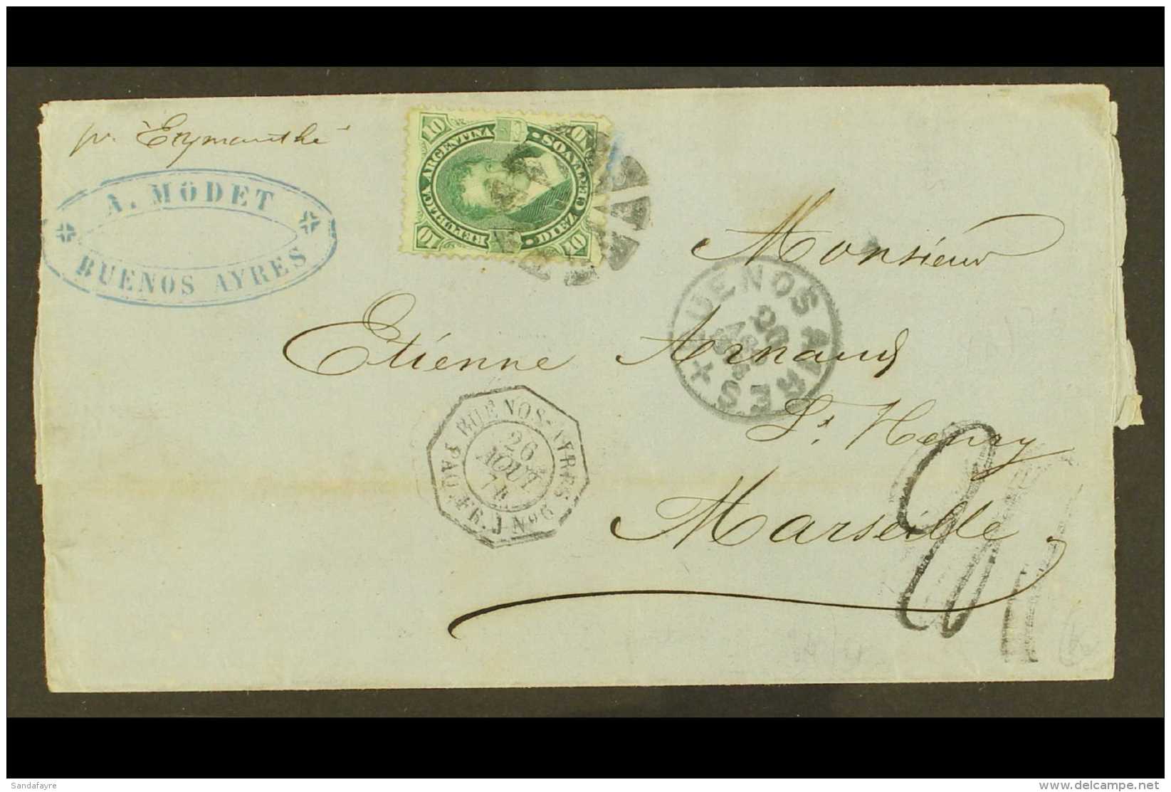 1874  (27 Aug) Entire To France, Bearing 1867-78 10c Green Belgrano (SG 29, Scott 18A) Tied By Cork Cancel, With... - Sonstige & Ohne Zuordnung
