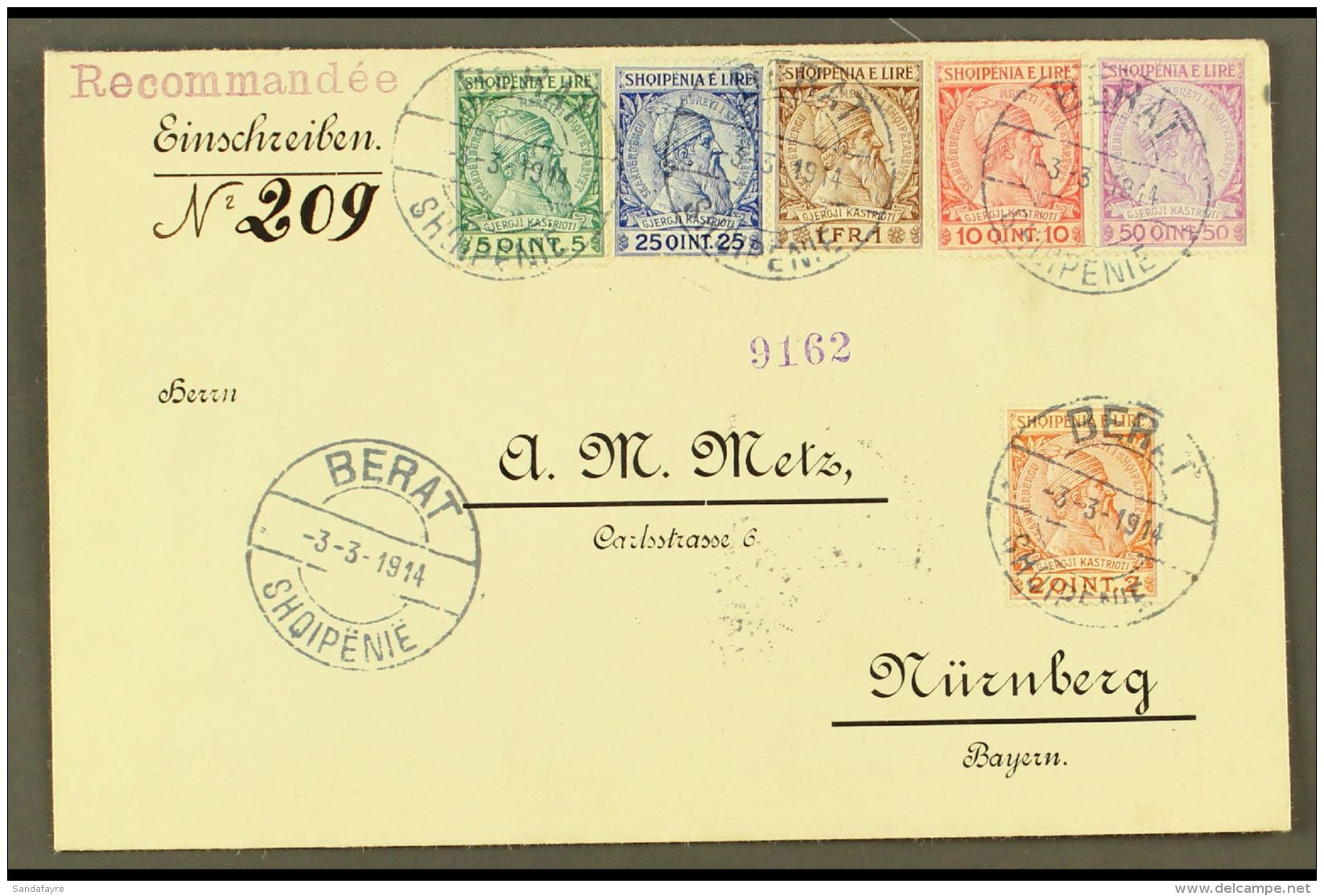 1914  (3 March) Registered Cover Addressed To Bavaria, Bearing 1913 Skanderbeg Set (Michel 29/34, SG 27/32) Tied... - Albania