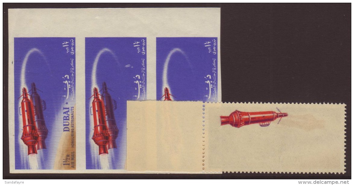 SPACE  Dubai 1964 "Honouring Astronauts"  1&frac12;r Spacecraft SG 66, IMPERF Strip Of Three, And A Single With... - Unclassified
